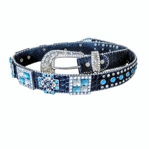 Western Croc Embossed Rhinestone Belt • Blue Crystals & Crosses • Black Leather
